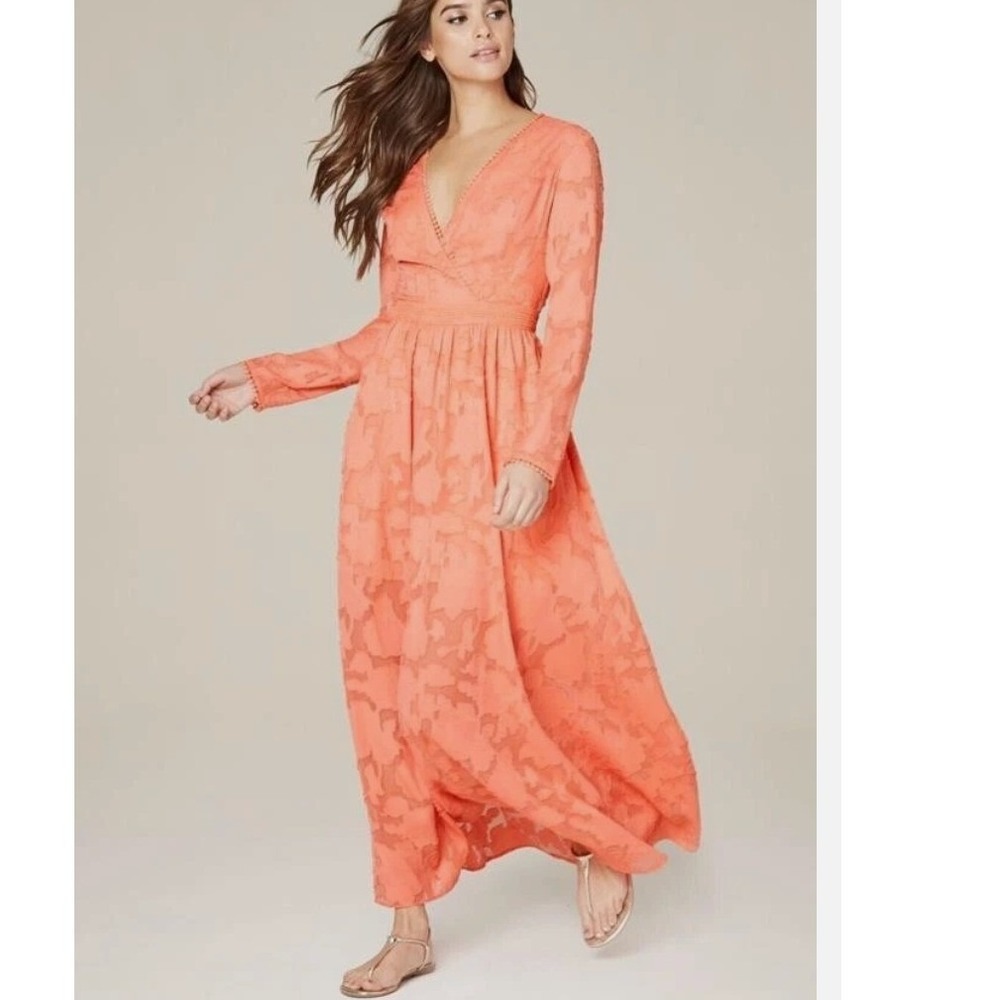 Bebe Neon Coral Orange Floral Burnout Maxi Dress Long Sleeve Crochet Trim 00 NEW